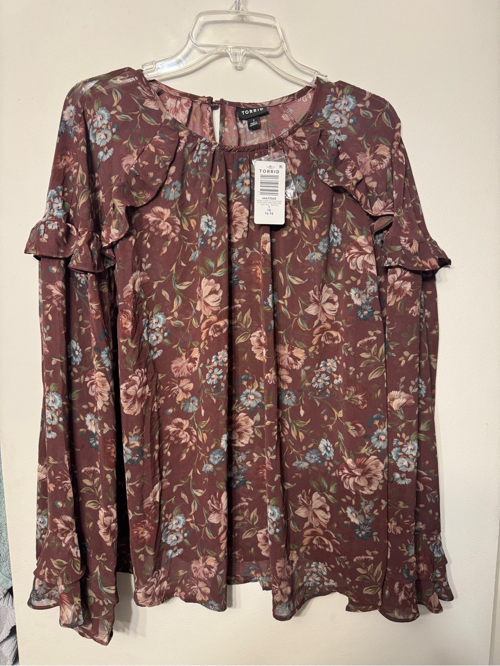 torrid Mauve Floral Ruffle Long-Sleeve Peasant Blouse